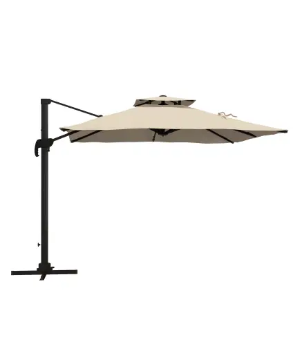 Sombrilla de Jardín 300x300 cm Parasol de Aluminio con Manivela Poste Giratorio 360° Doble Techo Inclinable Caqui