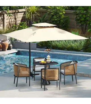 Sombrilla de Jardín 300x300 cm Parasol de Aluminio con Manivela Poste Giratorio 360° Doble Techo Inclinable Caqui