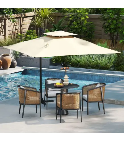 Sombrilla de Jardín 300x300 cm Parasol de Aluminio con Manivela Poste Giratorio 360° Doble Techo Inclinable Caqui