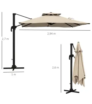 Sombrilla de Jardín 300x300 cm Parasol de Aluminio con Manivela Poste Giratorio 360° Doble Techo Inclinable Caqui