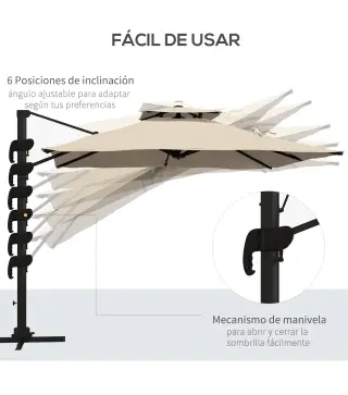 Sombrilla de Jardín 300x300 cm Parasol de Aluminio con Manivela Poste Giratorio 360° Doble Techo Inclinable Caqui