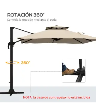 Sombrilla de Jardín 300x300 cm Parasol de Aluminio con Manivela Poste Giratorio 360° Doble Techo Inclinable Caqui