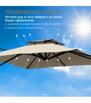 Sombrilla de Jardín 300x300 cm Parasol de Aluminio con Manivela Poste Giratorio 360° Doble Techo Inclinable Caqui