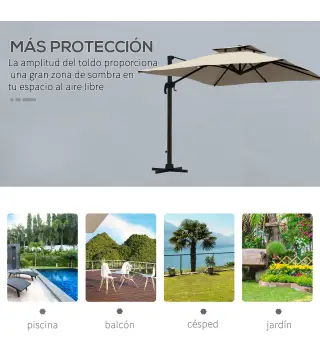 Sombrilla de Jardín 300x300 cm Parasol de Aluminio con Manivela Poste Giratorio 360° Doble Techo Inclinable Caqui