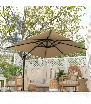 Sombrilla de Jardín 300x300 cm Parasol de Aluminio con Manivela Poste Giratorio 360° Doble Techo Inclinable Caqui