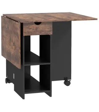 Mesa de Cocina Plegable con Ruedas Alas Abatibles Cajón y Estantes para 2-4 Personas 120x72x75 cm Marrón Rústico y Negro