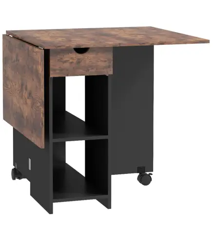 Mesa de Cocina Plegable con Ruedas Alas Abatibles Cajón y Estantes para 2-4 Personas 120x72x75 cm Marrón Rústico y Negro
