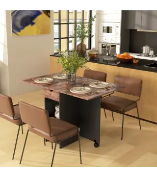 Mesa de Cocina Plegable con Ruedas Alas Abatibles Cajón y Estantes para 2-4 Personas 120x72x75 cm Marrón Rústico y Negro