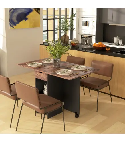 Mesa de Cocina Plegable con Ruedas Alas Abatibles Cajón y Estantes para 2-4 Personas 120x72x75 cm Marrón Rústico y Negro