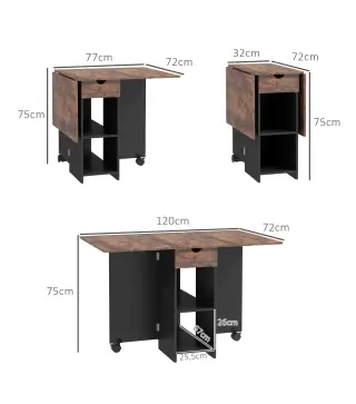 Mesa de Cocina Plegable con Ruedas Alas Abatibles Cajón y Estantes para 2-4 Personas 120x72x75 cm Marrón Rústico y Negro