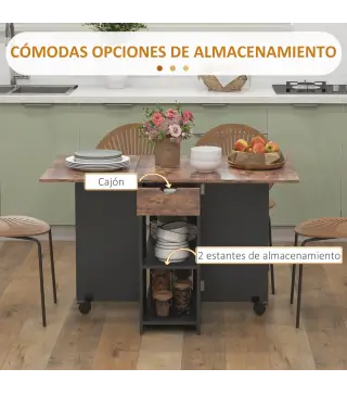 Mesa de Cocina Plegable con Ruedas Alas Abatibles Cajón y Estantes para 2-4 Personas 120x72x75 cm Marrón Rústico y Negro