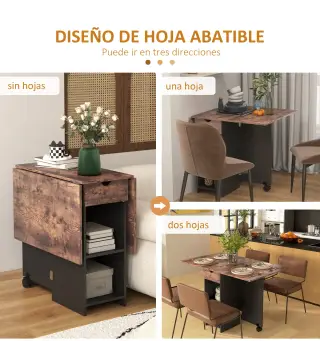 Mesa de Cocina Plegable con Ruedas Alas Abatibles Cajón y Estantes para 2-4 Personas 120x72x75 cm Marrón Rústico y Negro