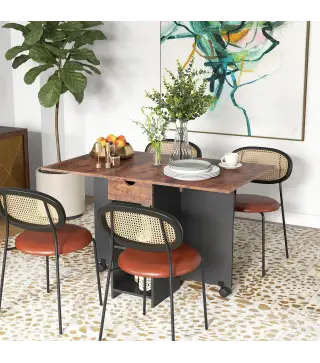 Mesa de Cocina Plegable con Ruedas Alas Abatibles Cajón y Estantes para 2-4 Personas 120x72x75 cm Marrón Rústico y Negro