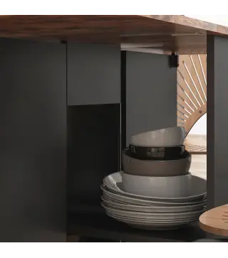 Mesa de Cocina Plegable con Ruedas Alas Abatibles Cajón y Estantes para 2-4 Personas 120x72x75 cm Marrón Rústico y Negro
