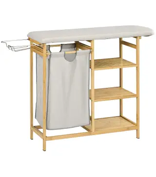 Cesto de Ropa Sucia 57,4L con Tabla de Planchar Soporte para Plancha 3 Estantes y Bolsa Extraíble 113x34x82 cm Natural