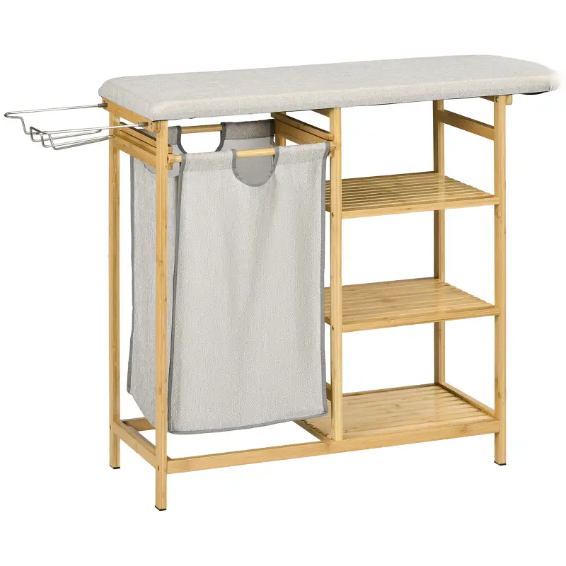 Cesto de Ropa Sucia 57,4L con Tabla de Planchar Soporte para Plancha 3 Estantes y Bolsa Extraíble 113x34x82 cm Natural