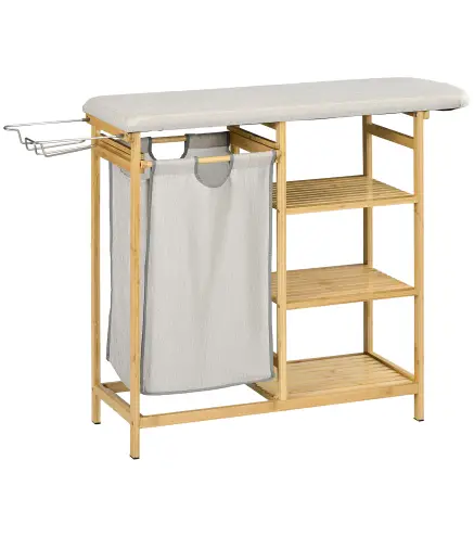 Cesto de Ropa Sucia 57,4L con Tabla de Planchar Soporte para Plancha 3 Estantes y Bolsa Extraíble 113x34x82 cm Natural