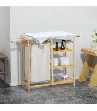 Cesto de Ropa Sucia 57,4L con Tabla de Planchar Soporte para Plancha 3 Estantes y Bolsa Extraíble 113x34x82 cm Natural