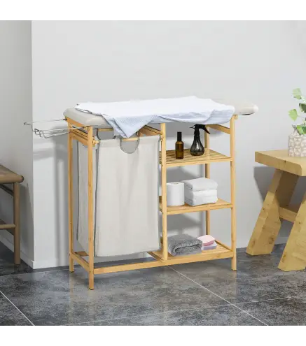 Cesto de Ropa Sucia 57,4L con Tabla de Planchar Soporte para Plancha 3 Estantes y Bolsa Extraíble 113x34x82 cm Natural
