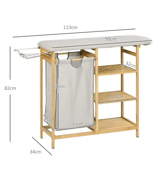 Cesto de Ropa Sucia 57,4L con Tabla de Planchar Soporte para Plancha 3 Estantes y Bolsa Extraíble 113x34x82 cm Natural