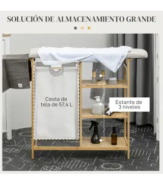 Cesto de Ropa Sucia 57,4L con Tabla de Planchar Soporte para Plancha 3 Estantes y Bolsa Extraíble 113x34x82 cm Natural