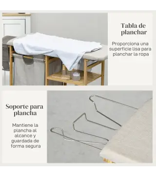 Cesto de Ropa Sucia 57,4L con Tabla de Planchar Soporte para Plancha 3 Estantes y Bolsa Extraíble 113x34x82 cm Natural