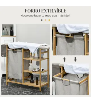 Cesto de Ropa Sucia 57,4L con Tabla de Planchar Soporte para Plancha 3 Estantes y Bolsa Extraíble 113x34x82 cm Natural