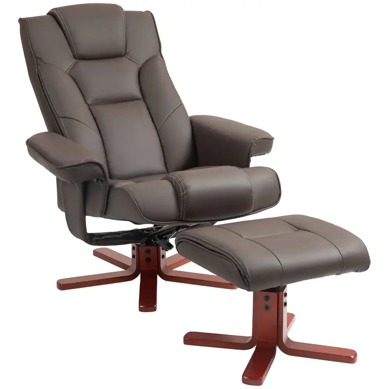 Sillón Reclinable con Reposapiés Tapizado en PU y Estructura de Madera Carga 150 kg Butaca para Dormitorio Marrón