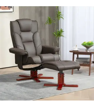 Sillón Reclinable con Reposapiés Tapizado en PU y Estructura de Madera Carga 150 kg Butaca para Dormitorio Marrón