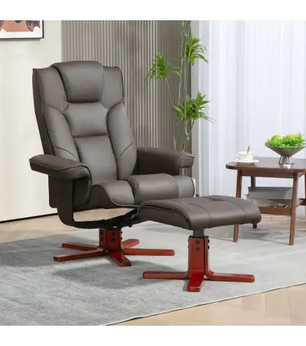 Sillón Reclinable con Reposapiés Tapizado en PU y Estructura de Madera Carga 150 kg Butaca para Dormitorio Marrón