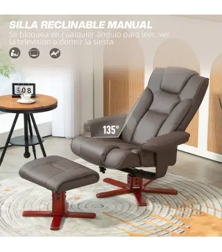 Sillón Reclinable con Reposapiés Tapizado en PU y Estructura de Madera Carga 150 kg Butaca para Dormitorio Marrón