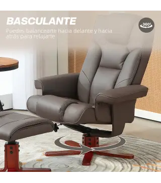 Sillón Reclinable con Reposapiés Tapizado en PU y Estructura de Madera Carga 150 kg Butaca para Dormitorio Marrón