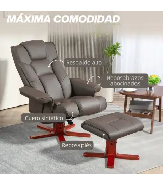 Sillón Reclinable con Reposapiés Tapizado en PU y Estructura de Madera Carga 150 kg Butaca para Dormitorio Marrón