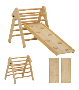 Triángulo de Escalada de Madera 3 en 1 con Rampa para Deslizarse o Escalar 147x64,5x63 cm Natural