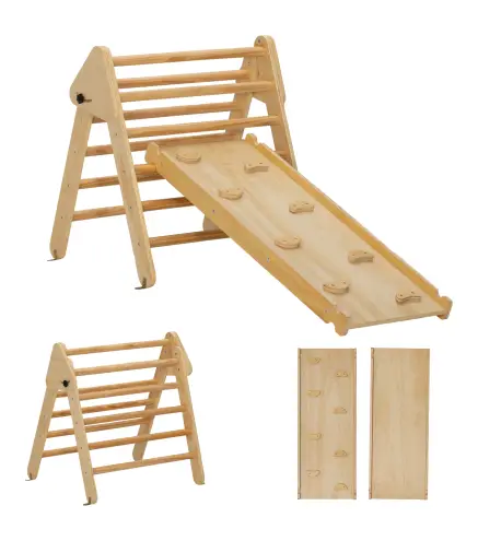 Triángulo de Escalada de Madera 3 en 1 con Rampa para Deslizarse o Escalar 147x64,5x63 cm Natural