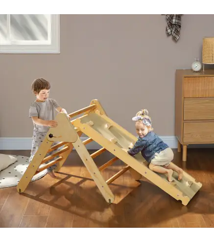 Triángulo de Escalada de Madera 3 en 1 con Rampa para Deslizarse o Escalar 147x64,5x63 cm Natural