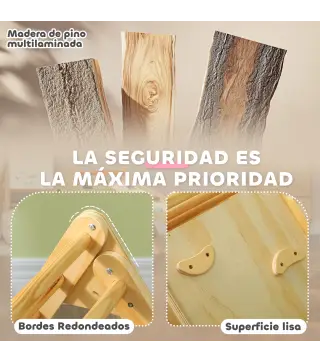 Triángulo de Escalada de Madera 3 en 1 con Rampa para Deslizarse o Escalar 147x64,5x63 cm Natural