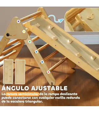 Triángulo de Escalada de Madera 3 en 1 con Rampa para Deslizarse o Escalar 147x64,5x63 cm Natural