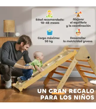 Triángulo de Escalada de Madera 3 en 1 con Rampa para Deslizarse o Escalar 147x64,5x63 cm Natural