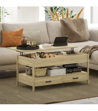 Mesa de Centro Elevable con Almacenamiento Compartimento Oculto Cajones y Estante Abierto 100x50x48-62 cm Roble