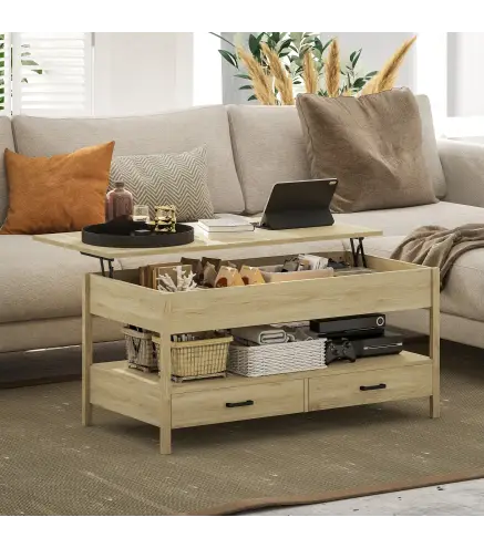 Mesa de Centro Elevable con Almacenamiento Compartimento Oculto Cajones y Estante Abierto 100x50x48-62 cm Roble