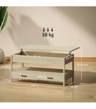 Mesa de Centro Elevable con Almacenamiento Compartimento Oculto Cajones y Estante Abierto 100x50x48-62 cm Roble