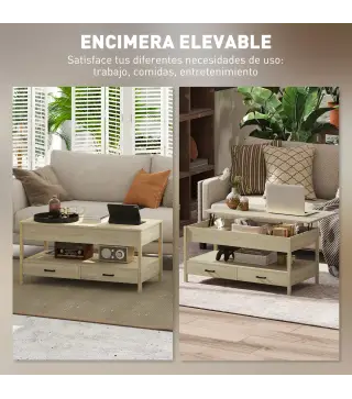 Mesa de Centro Elevable con Almacenamiento Compartimento Oculto Cajones y Estante Abierto 100x50x48-62 cm Roble