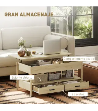 Mesa de Centro Elevable con Almacenamiento Compartimento Oculto Cajones y Estante Abierto 100x50x48-62 cm Roble