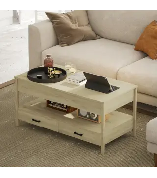 Mesa de Centro Elevable con Almacenamiento Compartimento Oculto Cajones y Estante Abierto 100x50x48-62 cm Roble