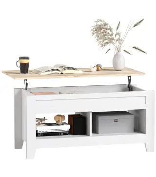 Mesa de Centro Elevable con Encimera Elevable y Espacio Oculto de Almacenaje 105x50x49 cm Blanco y Natural