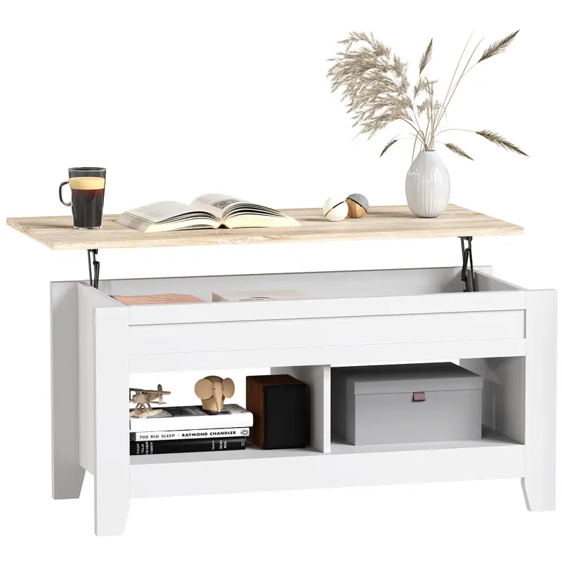 Mesa de Centro Elevable con Encimera Elevable y Espacio Oculto de Almacenaje 105x50x49 cm Blanco y Natural
