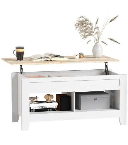 Mesa de Centro Elevable con Encimera Elevable y Espacio Oculto de Almacenaje 105x50x49 cm Blanco y Natural