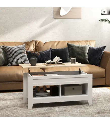 Mesa de Centro Elevable con Encimera Elevable y Espacio Oculto de Almacenaje 105x50x49 cm Blanco y Natural