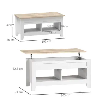 Mesa de Centro Elevable con Encimera Elevable y Espacio Oculto de Almacenaje 105x50x49 cm Blanco y Natural